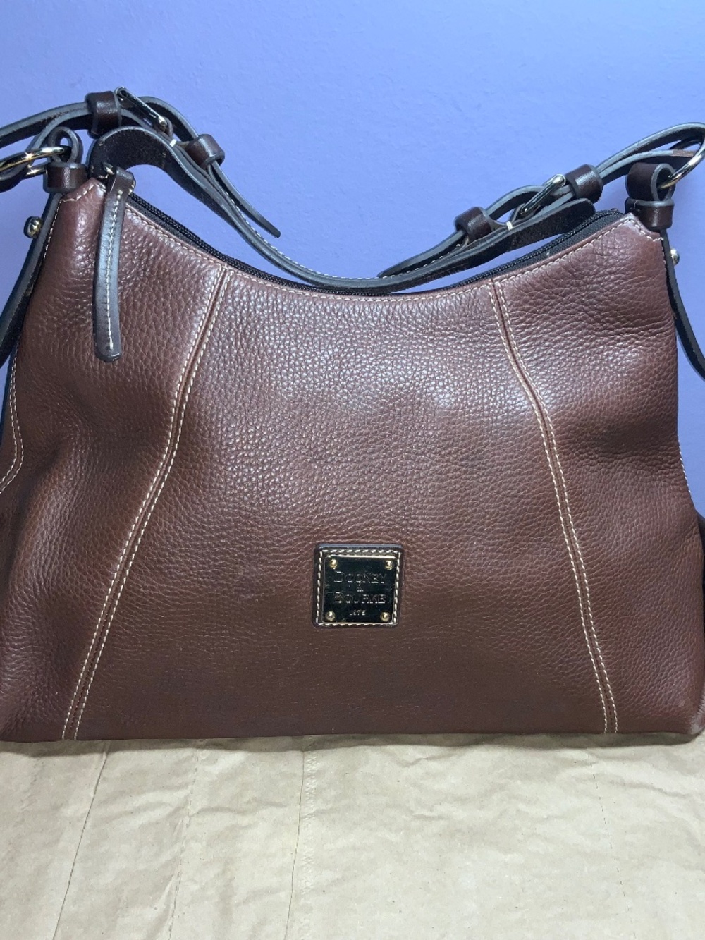 Dooney & Bourke Brown Pebbled Leather Shoulder Bag satchel dark brown trim